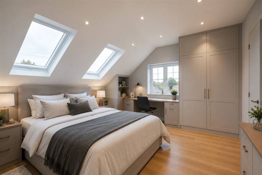 Dormer loft conversion bedroom with Velux windows completed by Zonex Group