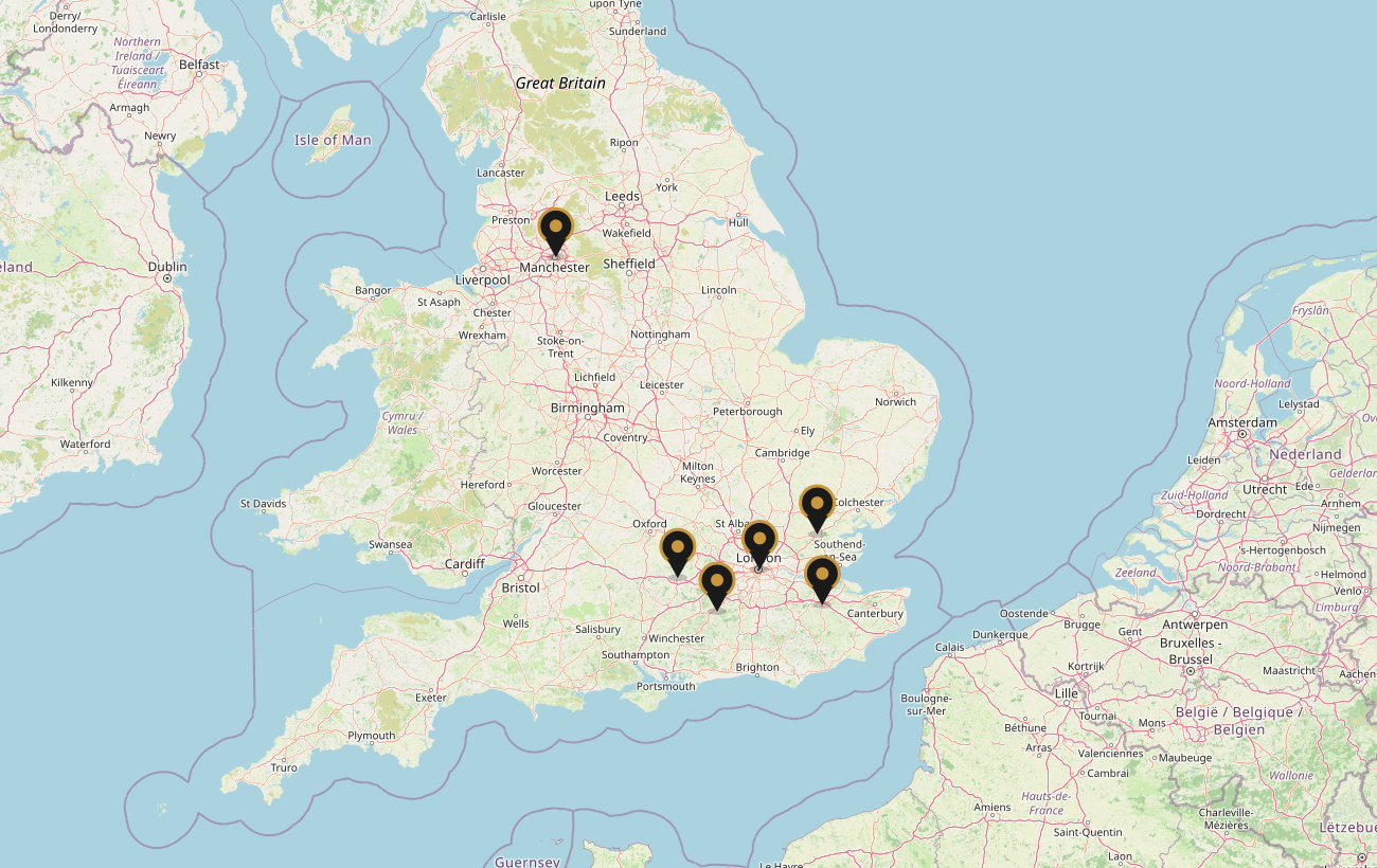 Map of the UK with pins marking Zonex Group's coverage areas: London, Surrey, Essex, Kent, Berkshire, and Manchester